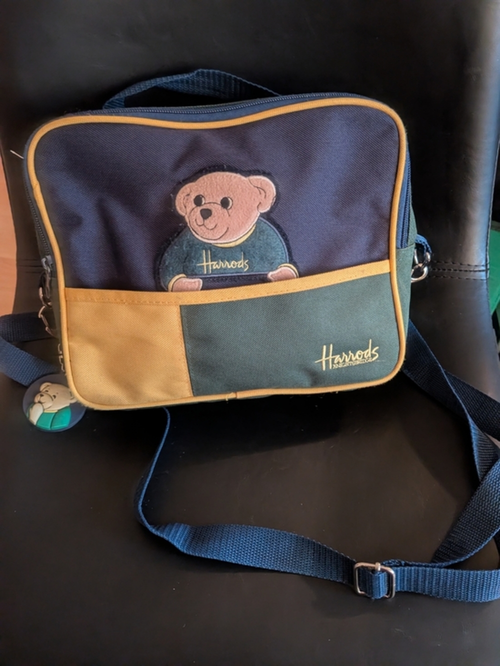Harrods Collectible Adorable Navy and Tan Bear Canvas Crossbody Bag